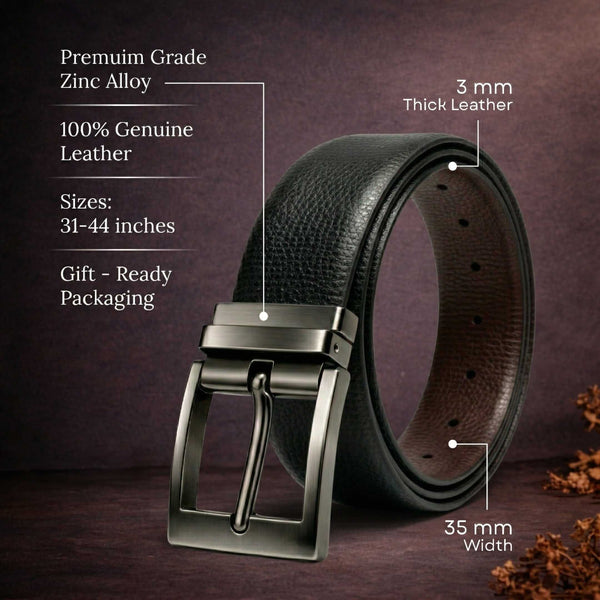Mens 100% Genuine Leather Belt - MONEX Pebble Grain (Black & Brown Reversible)
