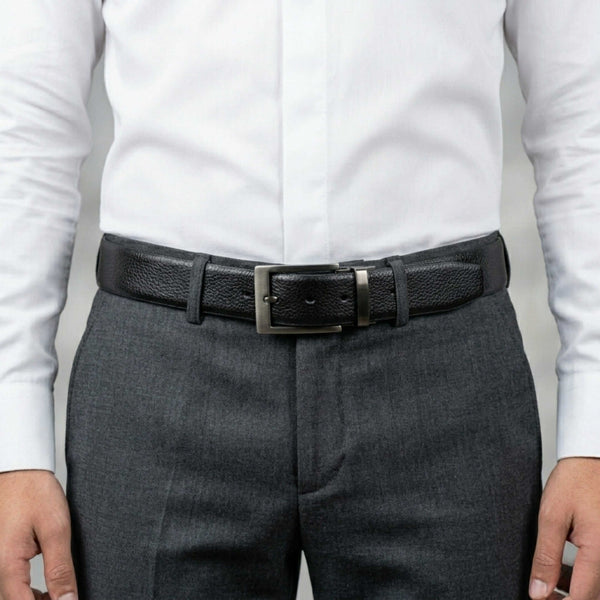 Mens 100% Genuine Leather Belt - MONEX Pebble Grain (Black & Brown Reversible)