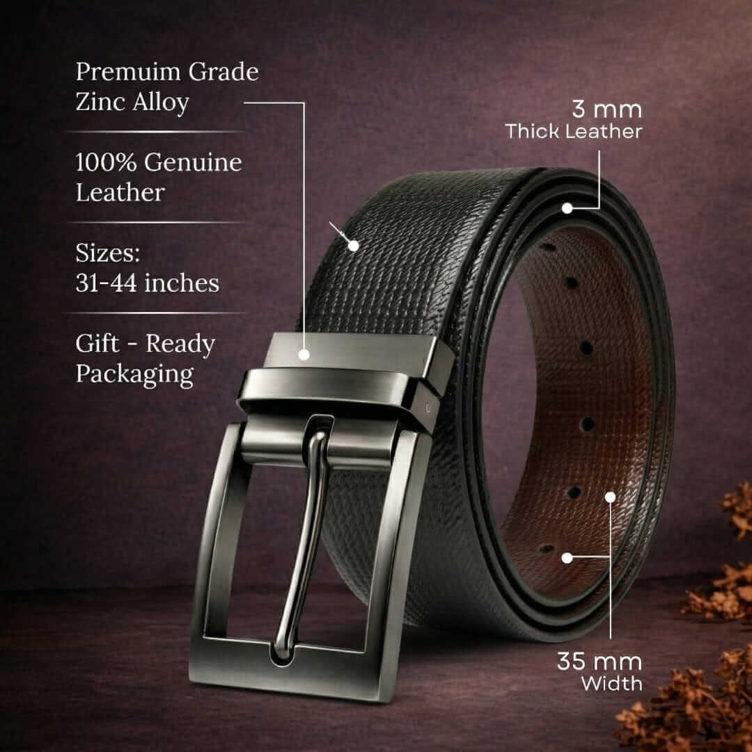 Mens 100% Genuine Leather Belt - NEXARO Dot Grain Emboss (Black & Brown Reversible) — Leather Belts for Men | THE MEN THING