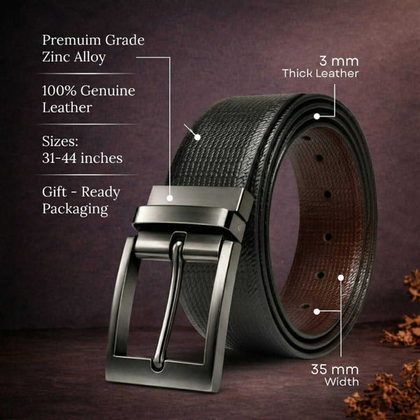 Mens 100% Genuine Leather Belt - NEXARO Dot Grain Emboss (Black & Brown Reversible)