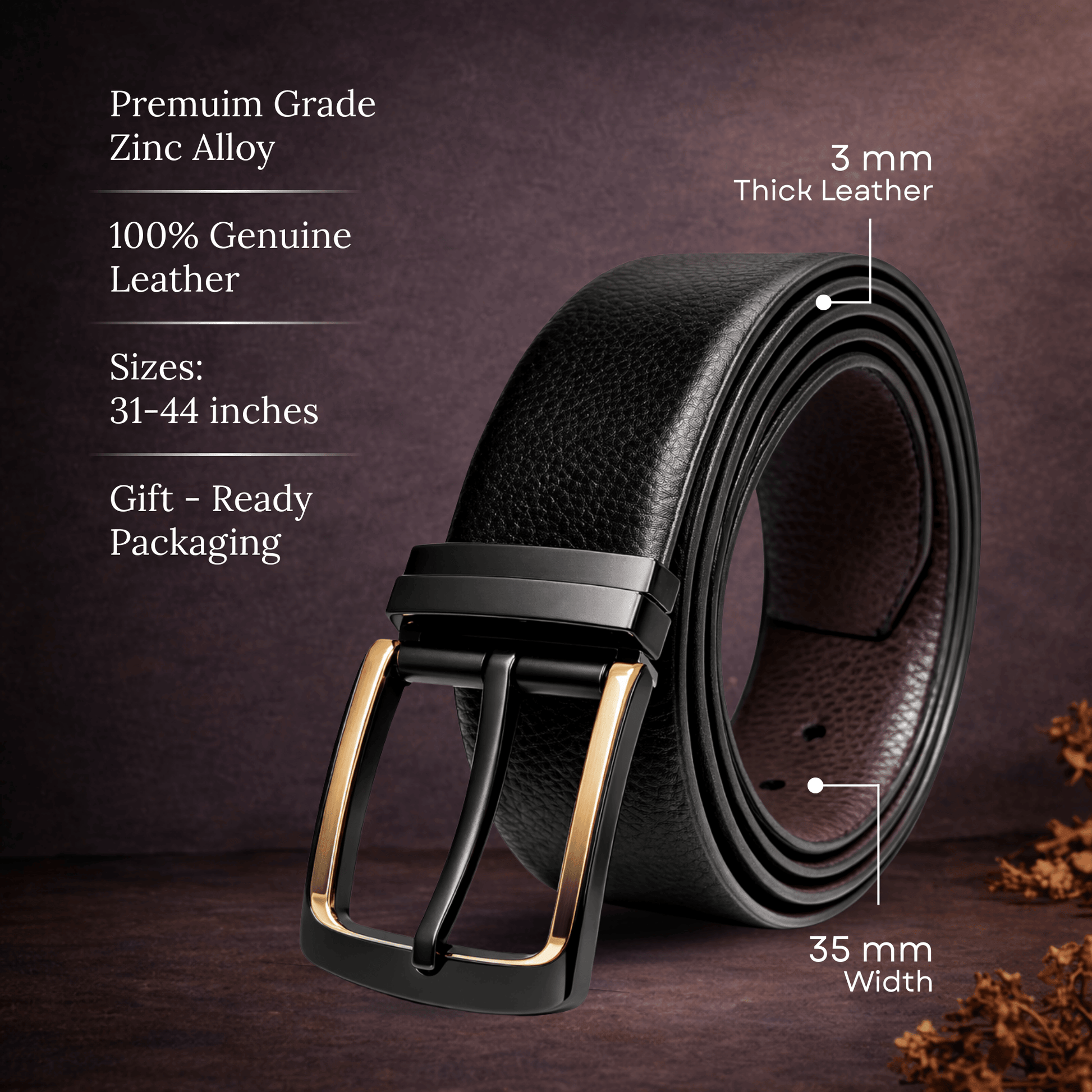 Mens Genuine Leather Belt | 2 in 1 Reversible (Black & Brown) (1 Pc.) - NOIRLUXE - THE MEN THING