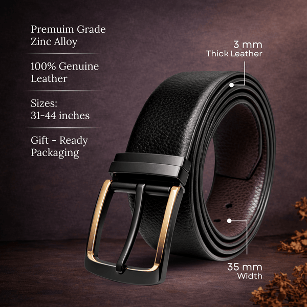 Mens 100% Genuine Leather Belt - NOIRLUXE Pebble Grain (Black & Brown Reversible)