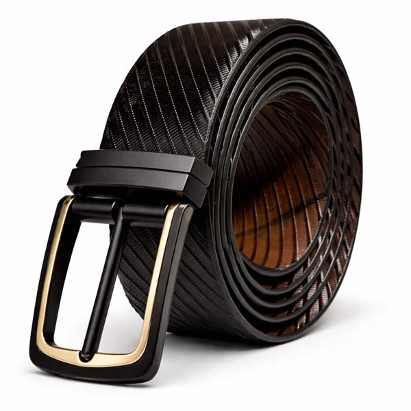 Mens 100% Genuine Leather Belt - NOIRWAVE Diagonal Weave Emboss (Black & Brown Reversible)