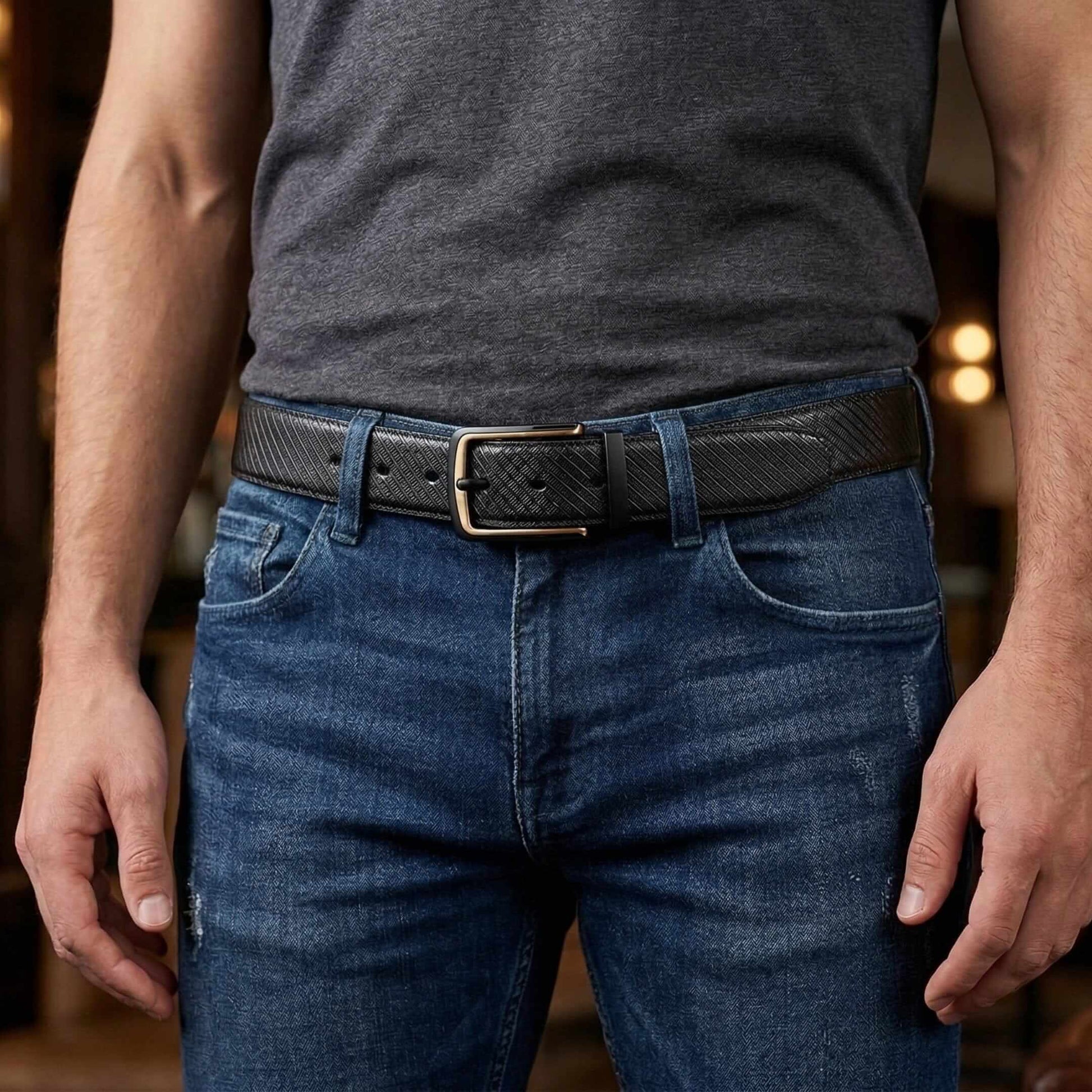 Mens 100% Genuine Leather Belt - NOIRWAVE Diagonal Weave Emboss (Black & Brown Reversible) — Leather Belts for Men | THE MEN THING