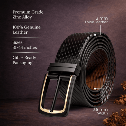 Mens 100% Genuine Leather Belt - NOIRWAVE Diagonal Weave Emboss (Black & Brown Reversible) — Leather Belts for Men | THE MEN THING