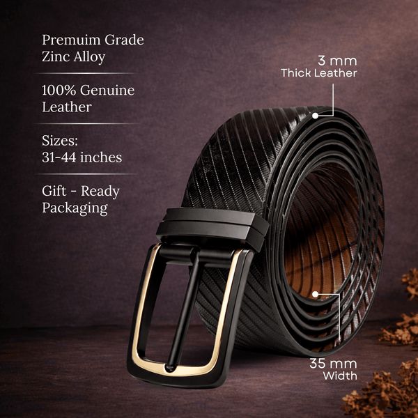 Mens 100% Genuine Leather Belt - NOIRWAVE Diagonal Weave Emboss (Black & Brown Reversible)