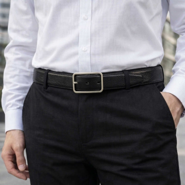 Mens 100% Genuine Leather Belt - NOIRX Woven Grid Emboss (Black & Brown Reversible)