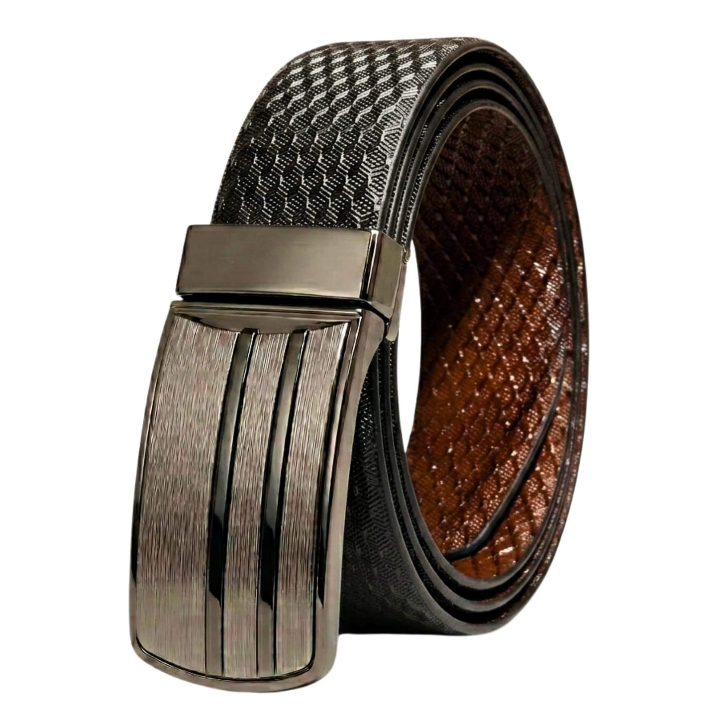 Mens 100% Genuine Leather Belt - NOVARO Woven Emboss Plate (Black & Brown Reversible) — Leather Belts for Men | THE MEN THING