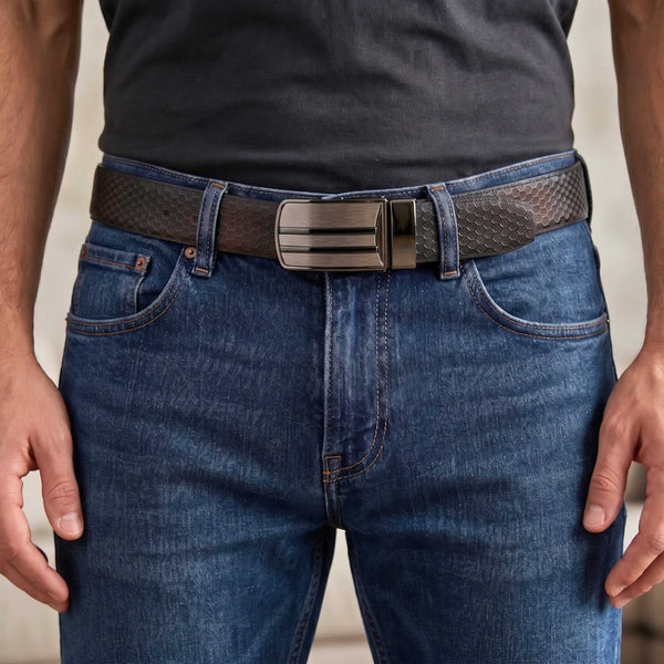 Mens 100% Genuine Leather Belt - NOVARO Woven Emboss Plate (Black & Brown Reversible)