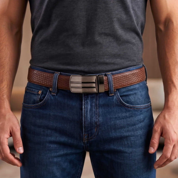 Mens 100% Genuine Leather Belt - NOVARO Woven Emboss Plate (Black & Brown Reversible)