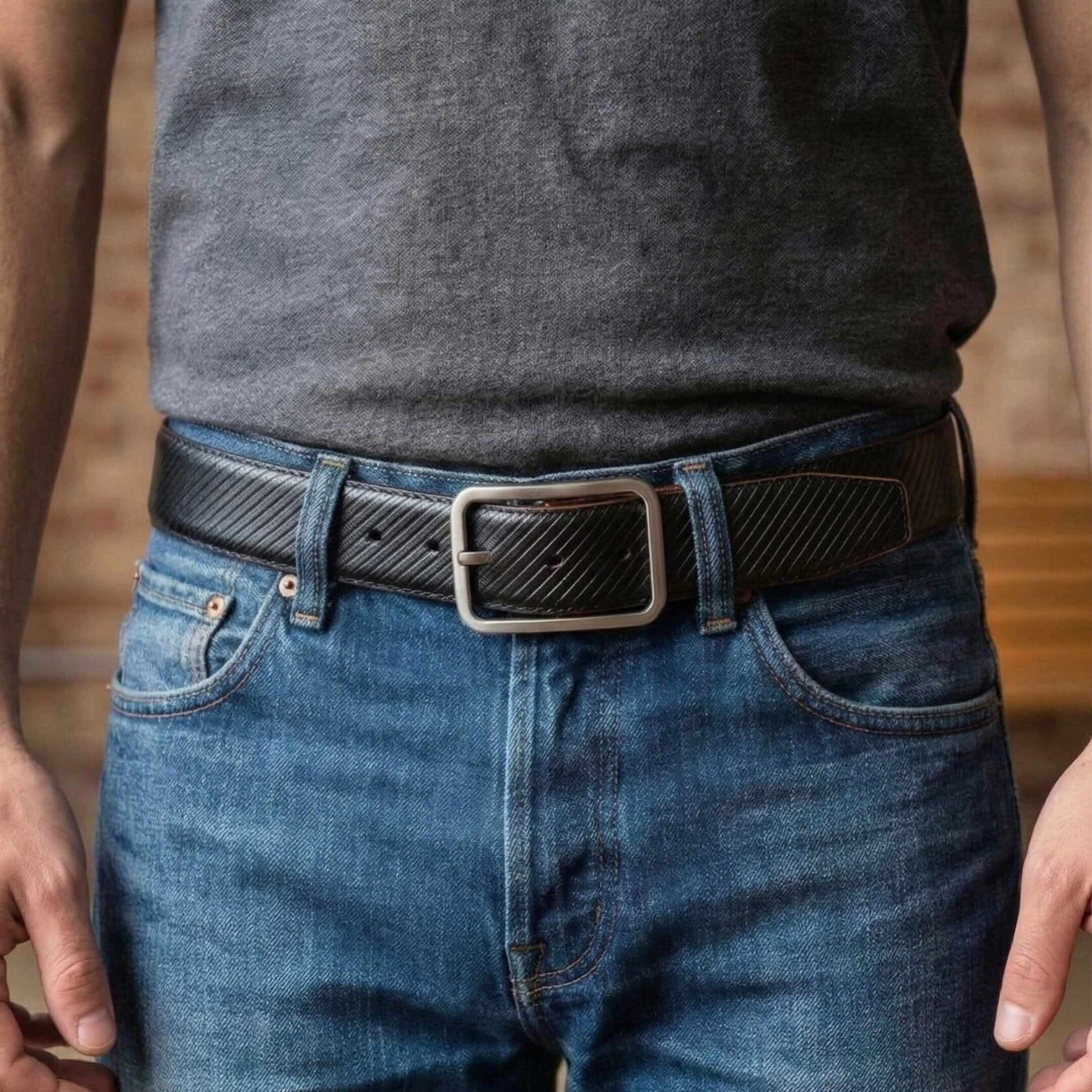 Mens 100% Genuine Leather Belt - ONYX DUO Twill Emboss (Black & Brown Reversible) — Leather Belts for Men | THE MEN THING
