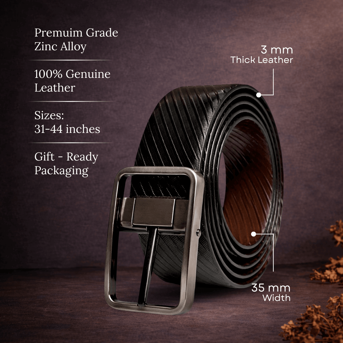 Mens 100% Genuine Leather Belt - ONYX DUO Twill Emboss (Black & Brown Reversible) — Leather Belts for Men | THE MEN THING