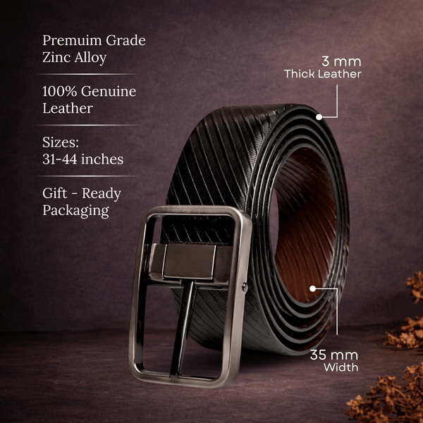 Mens 100% Genuine Leather Belt - ONYX DUO Twill Emboss (Black & Brown Reversible)