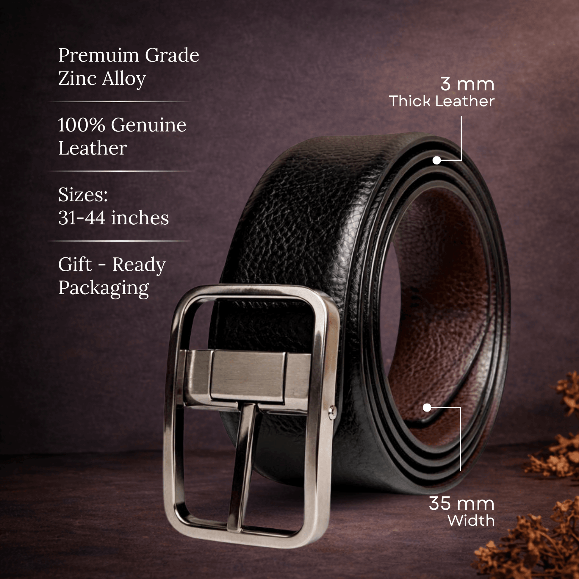 Mens 100% Genuine Leather Belt - ONYX PEBBLE Pebble Grain (Black & Brown Reversible) — Leather Belts for Men | THE MEN THING