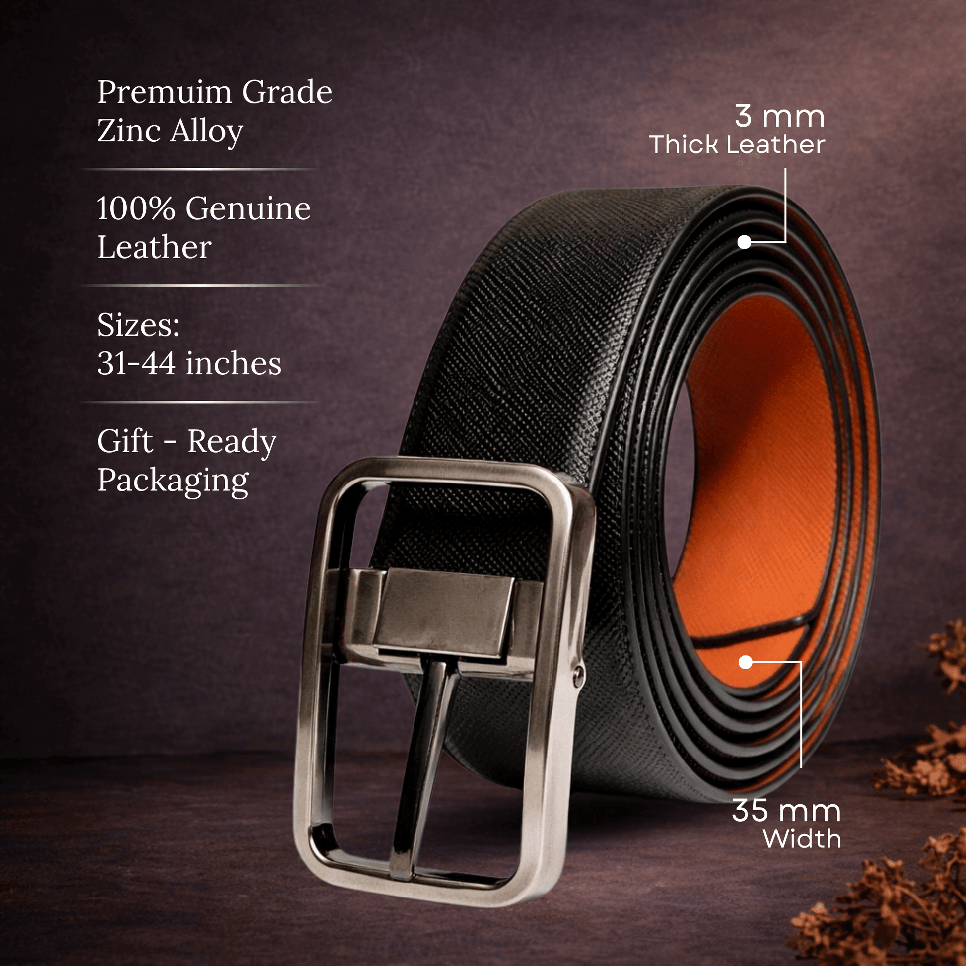 Mens 100% Genuine Leather Belt - ONYXCORE Fine Grain Tan Core (Black & Brown Reversible) — Leather Belts for Men | THE MEN THING