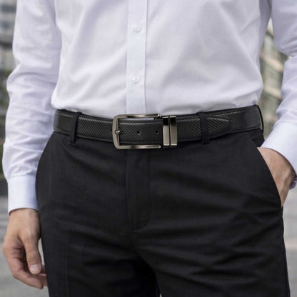 Mens 100% Genuine Leather Belt - ORVANO Diagonal Rib Emboss (Black & Brown Reversible) — Leather Belts for Men | THE MEN THING