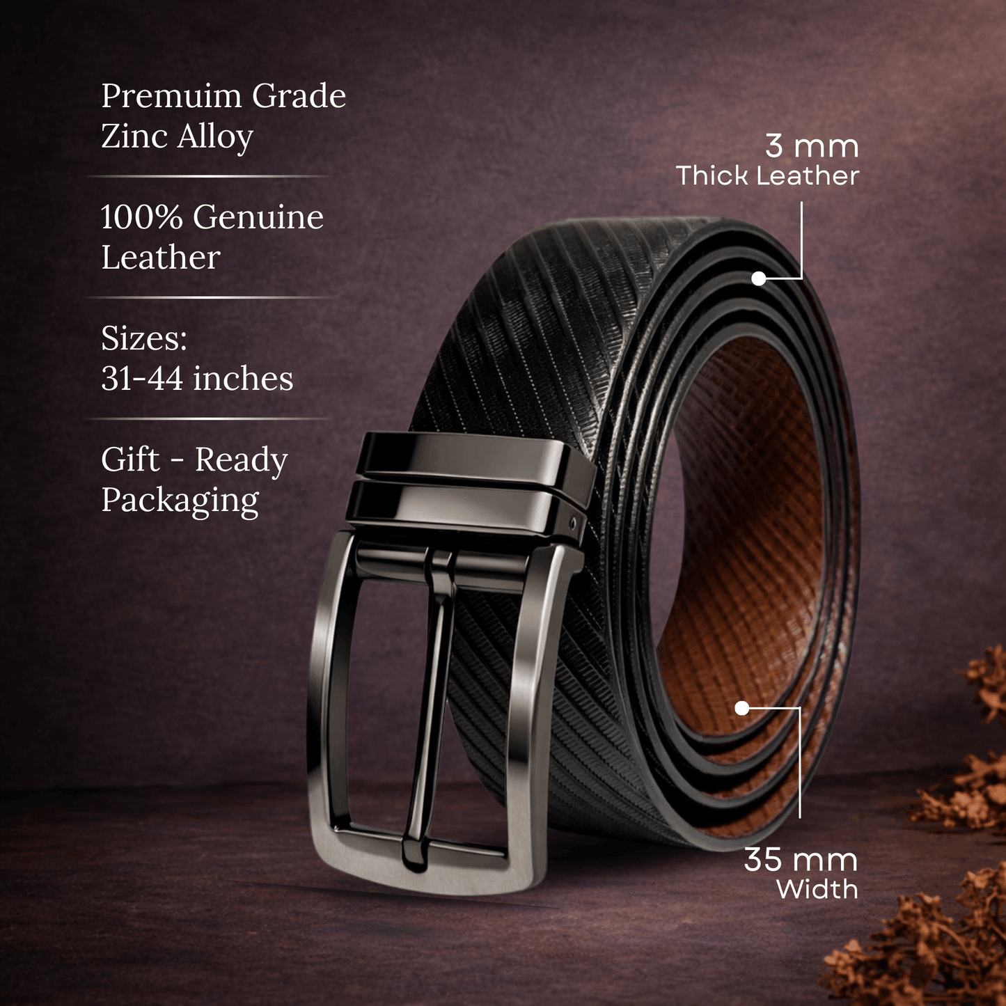 Mens 100% Genuine Leather Belt - ORVANO Diagonal Rib Emboss (Black & Brown Reversible) — Leather Belts for Men | THE MEN THING
