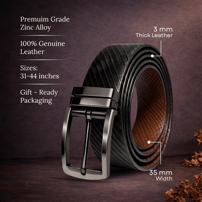 Mens 100% Genuine Leather Belt - ORVANO Diagonal Rib Emboss (Black & Brown Reversible) — Leather Belts for Men | THE MEN THING