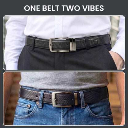 Mens 100% Genuine Leather Belt - ORVANO Diagonal Rib Emboss (Black & Brown Reversible) — Leather Belts for Men | THE MEN THING