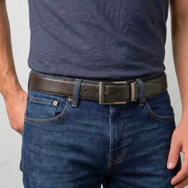 Mens 100% Genuine Leather Belt - ORVEX Diamond Emboss (Black & Brown Reversible)