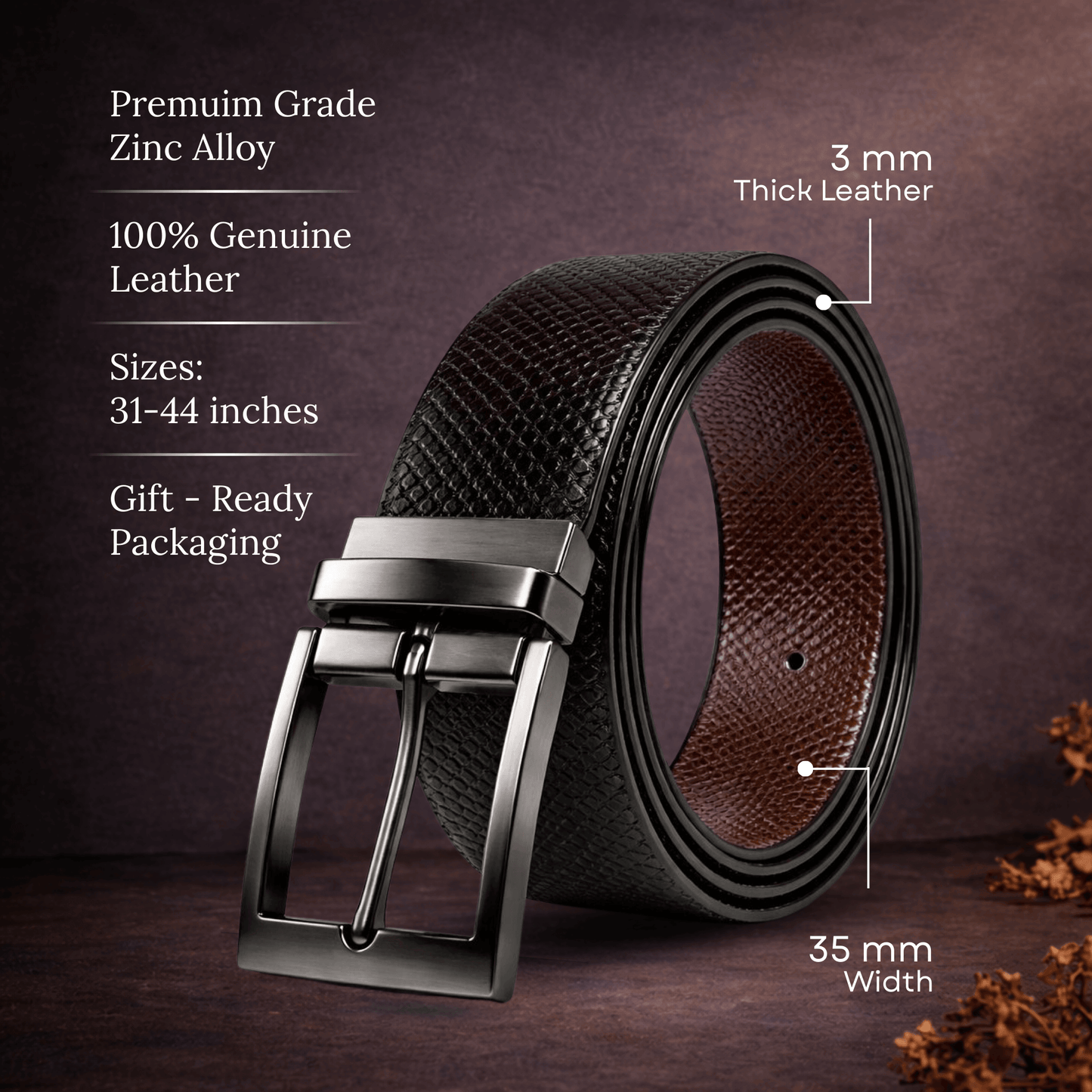 Mens 100% Genuine Leather Belt - ORVEX Diamond Emboss (Black & Brown Reversible) — Leather Belts for Men | THE MEN THING