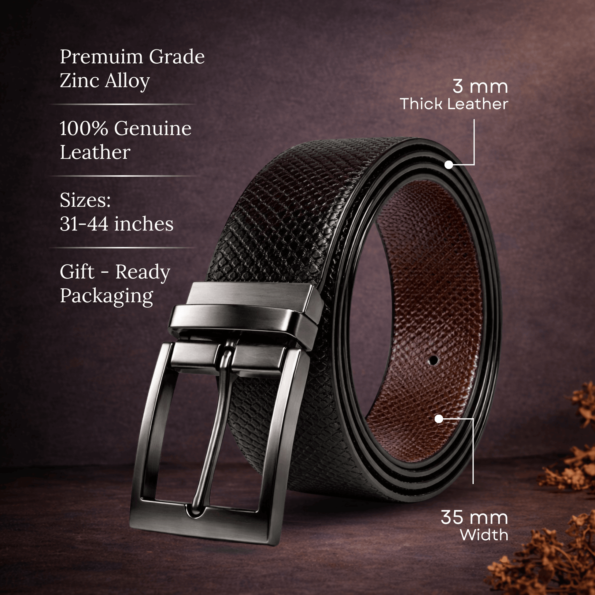 Mens 100% Genuine Leather Belt - ORVEX Diamond Emboss (Black & Brown Reversible) — Leather Belts for Men | THE MEN THING