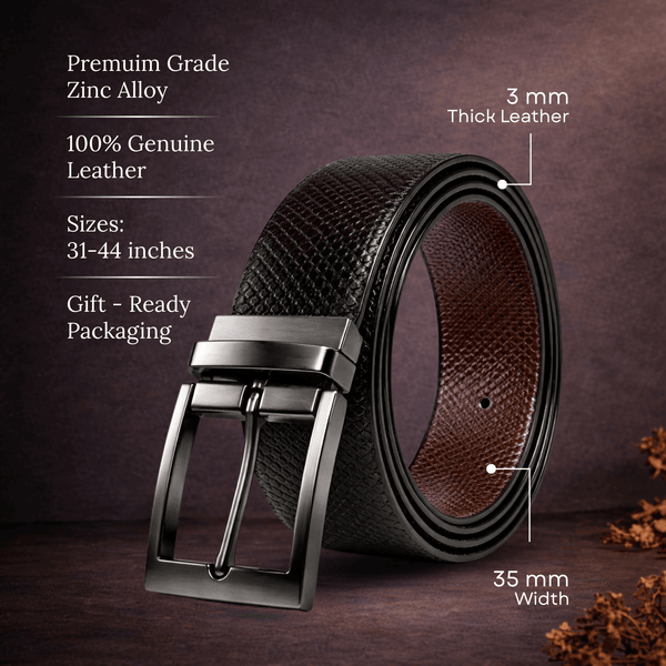 Mens 100% Genuine Leather Belt - ORVEX Diamond Emboss (Black & Brown Reversible)
