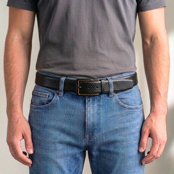 Mens 100% Genuine Leather Belt - ORVEXA Scale Emboss (Black & Brown Reversible)