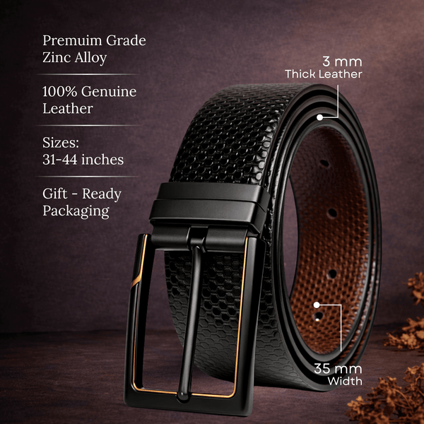 Mens 100% Genuine Leather Belt - ORVEXA Scale Emboss (Black & Brown Reversible)