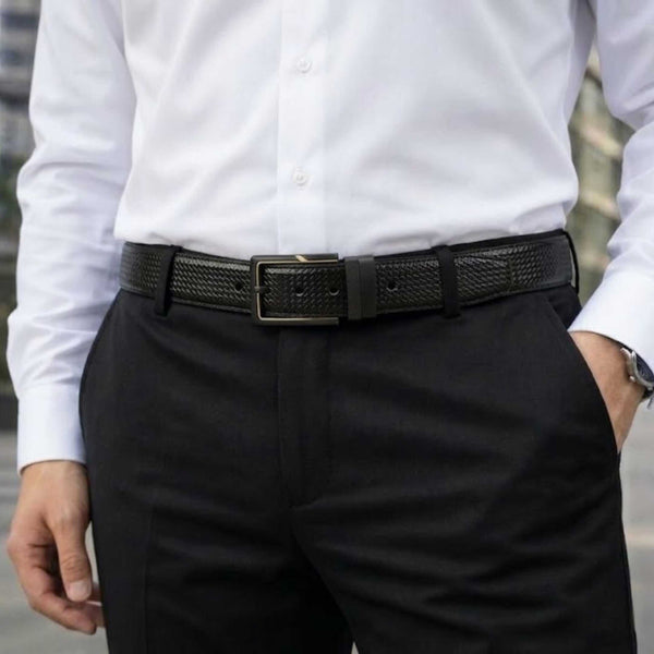 Mens 100% Genuine Leather Belt - ORVEXO Grid Emboss (Black & Brown Reversible)