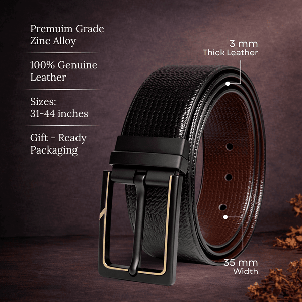 Mens 100% Genuine Leather Belt - ORVEXO Grid Emboss (Black & Brown Reversible)