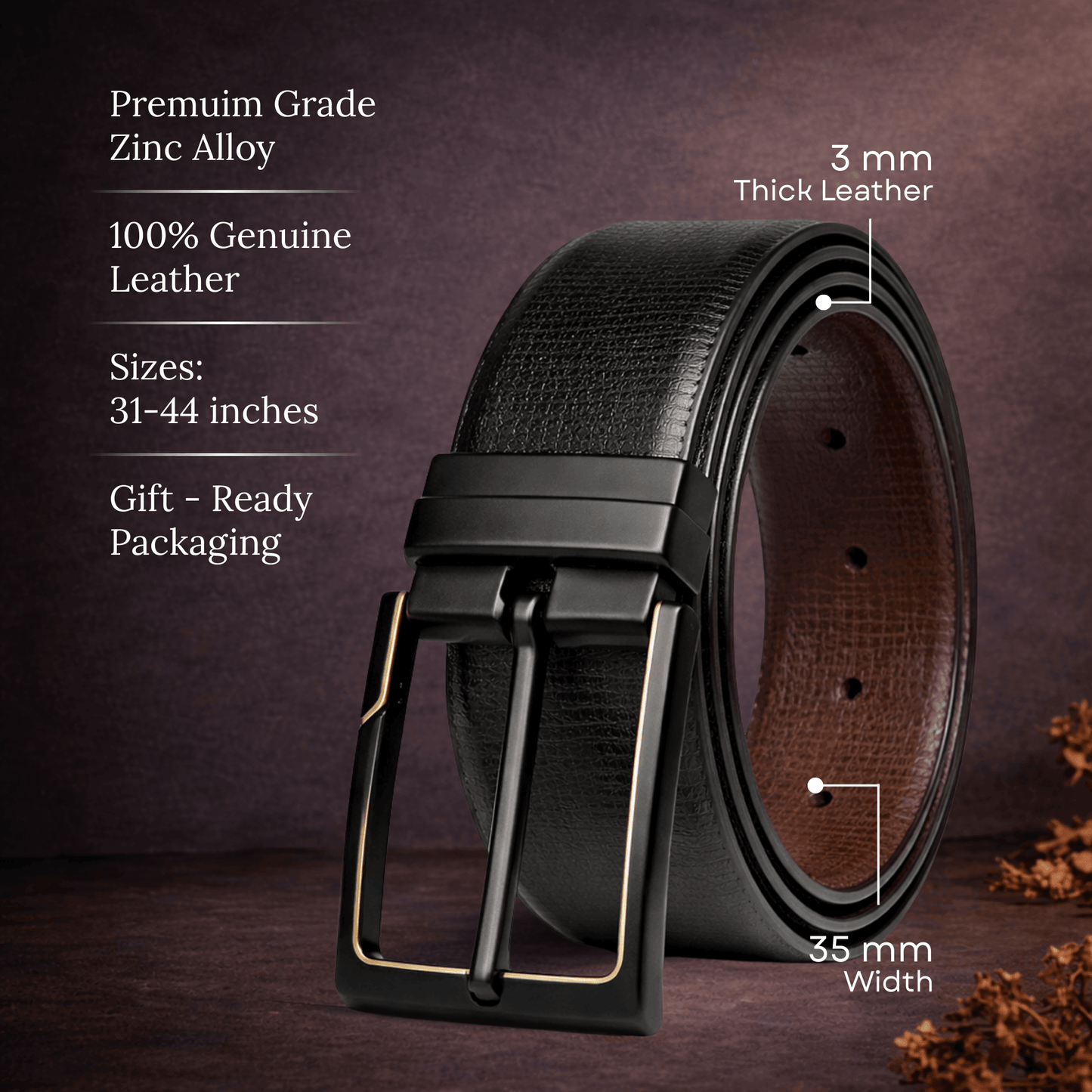 Mens 100% Genuine Leather Belt - ORVION Fine Grain Finish (Black & Brown Reversible) — Leather Belts for Men | THE MEN THING