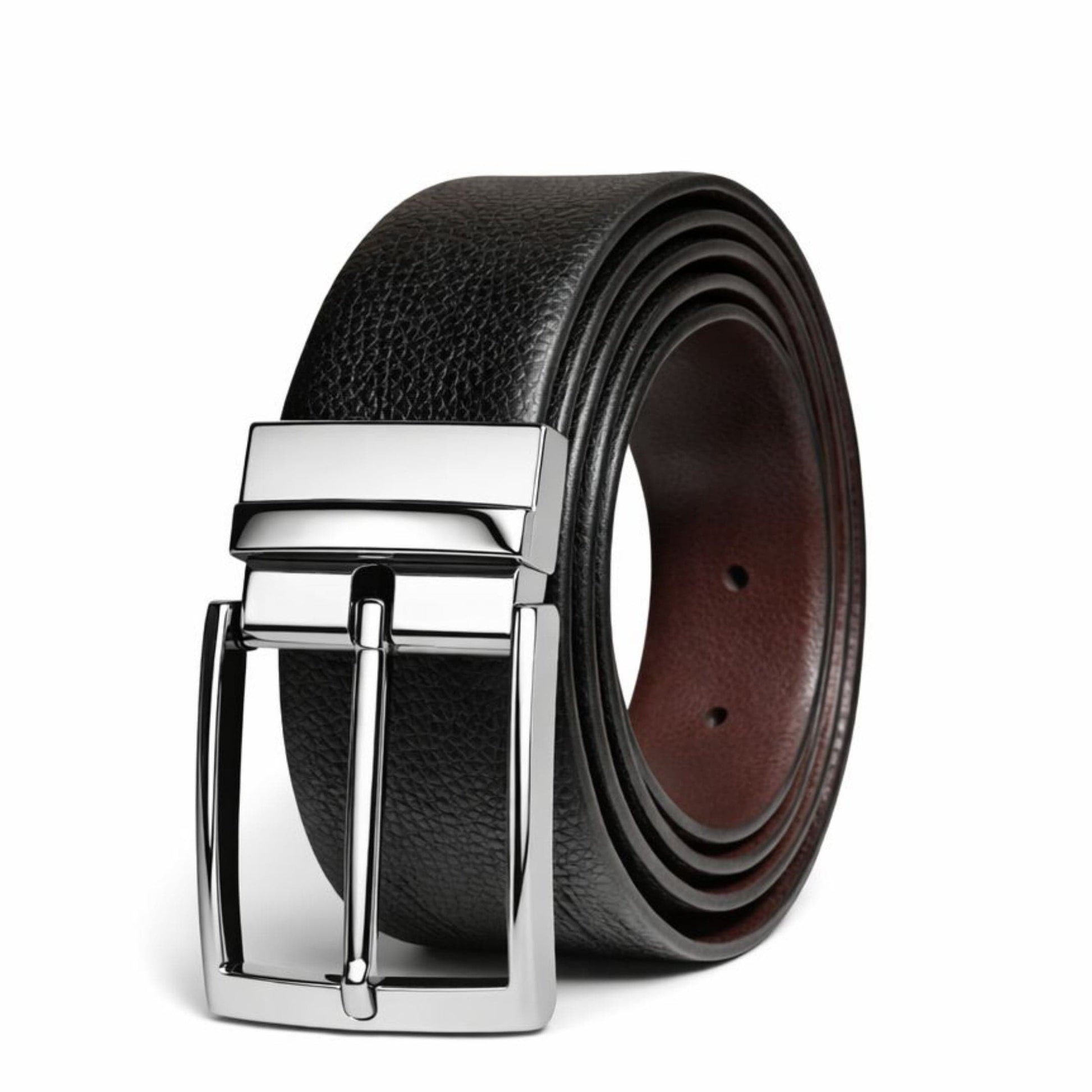 Mens 100% Genuine Leather Belt - PEBBLE GRAIN Chrome Pin Classic (Black & Brown Reversible) — Leather Belts for Men | THE MEN THING