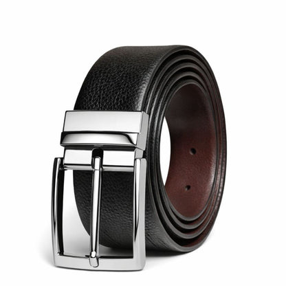 Mens 100% Genuine Leather Belt - PEBBLE GRAIN Chrome Pin Classic (Black & Brown Reversible) — Leather Belts for Men | THE MEN THING