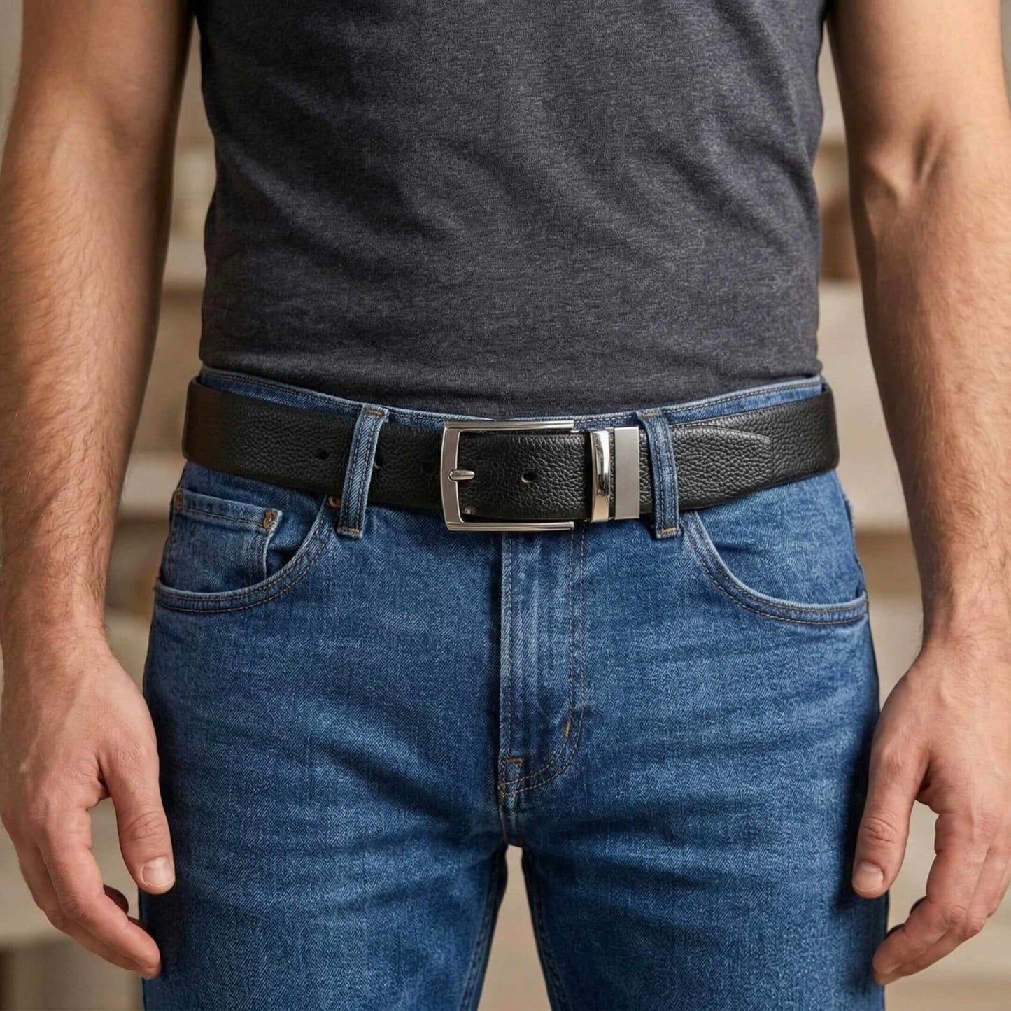 Mens 100% Genuine Leather Belt - PEBBLE GRAIN Chrome Pin Classic (Black & Brown Reversible) — Leather Belts for Men | THE MEN THING