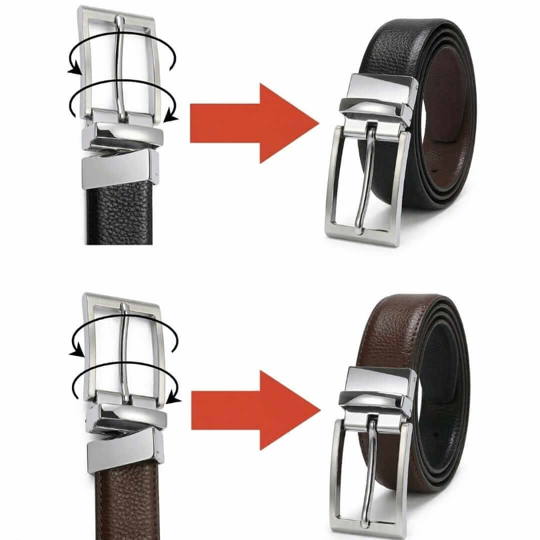 Mens 100% Genuine Leather Belt - PEBBLE GRAIN Chrome Pin Classic (Black & Brown Reversible) — Leather Belts for Men | THE MEN THING
