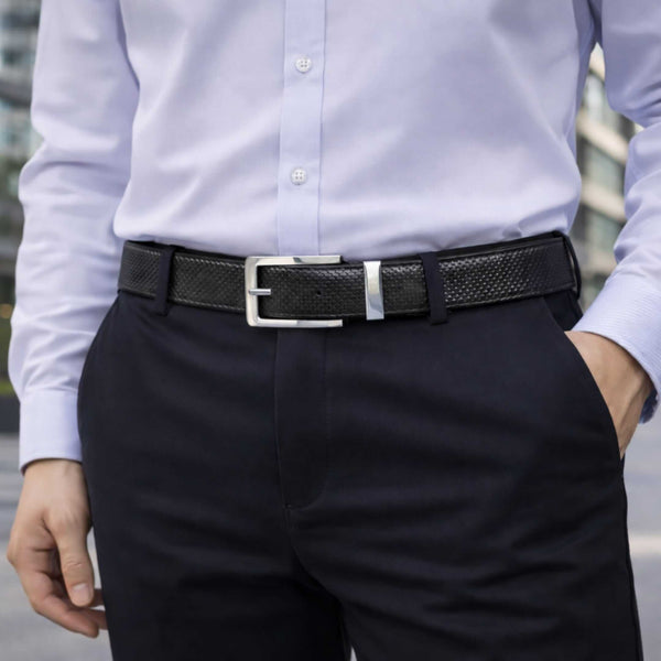 Mens 100% Genuine Leather Belt - PEBBLE GRAIN Chrome Pin Classic (Black & Brown Reversible)