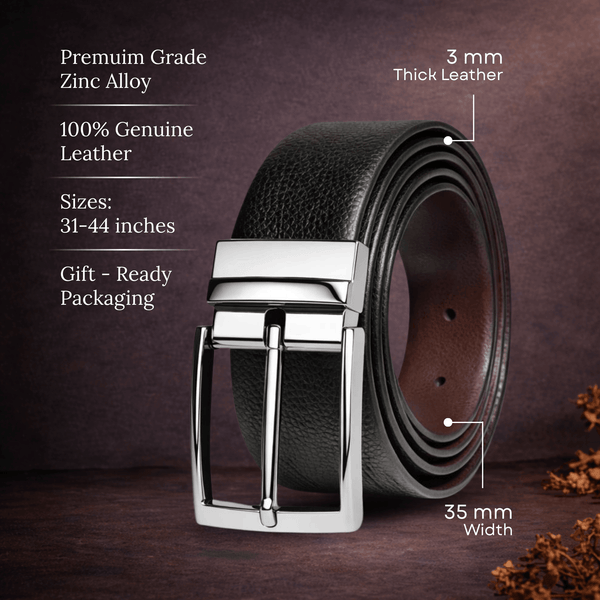 Mens 100% Genuine Leather Belt - PEBBLE GRAIN Chrome Pin Classic (Black & Brown Reversible)