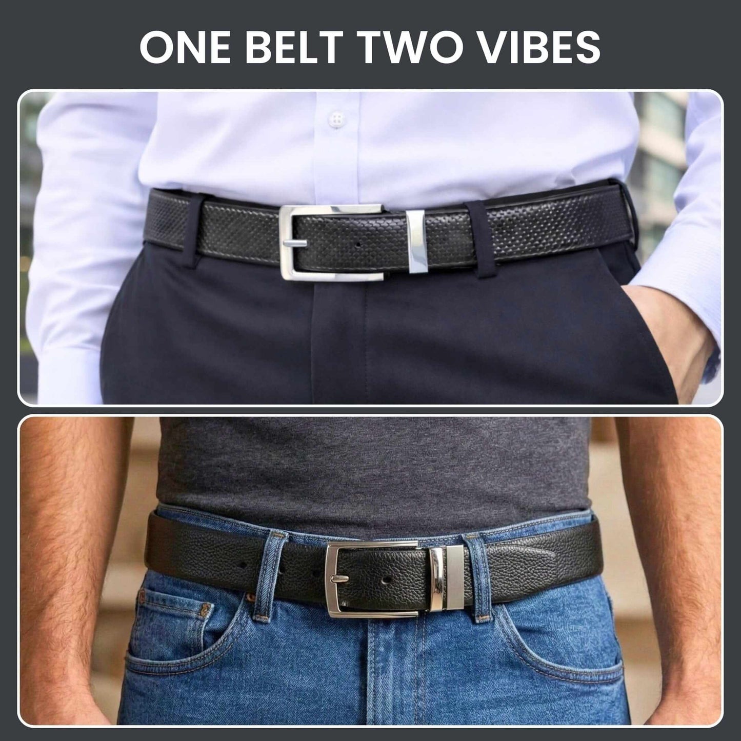 Mens 100% Genuine Leather Belt - PEBBLE GRAIN Chrome Pin Classic (Black & Brown Reversible) — Leather Belts for Men | THE MEN THING