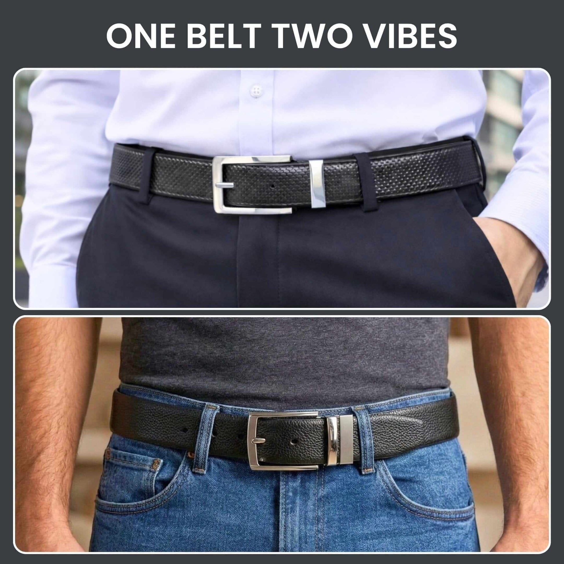 Mens 100% Genuine Leather Belt - PEBBLE GRAIN Chrome Pin Classic (Black & Brown Reversible) — Leather Belts for Men | THE MEN THING