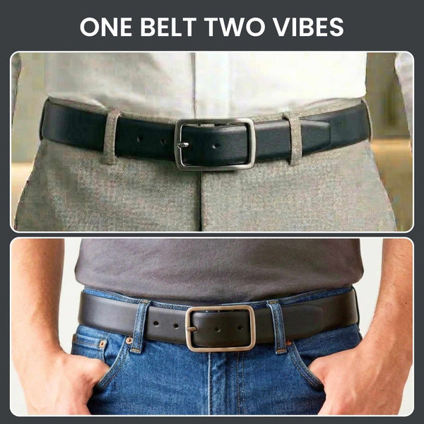Mens 100% Genuine Leather Belt - PRIMEDUAL Smooth Classic (Black & Brown Reversible)