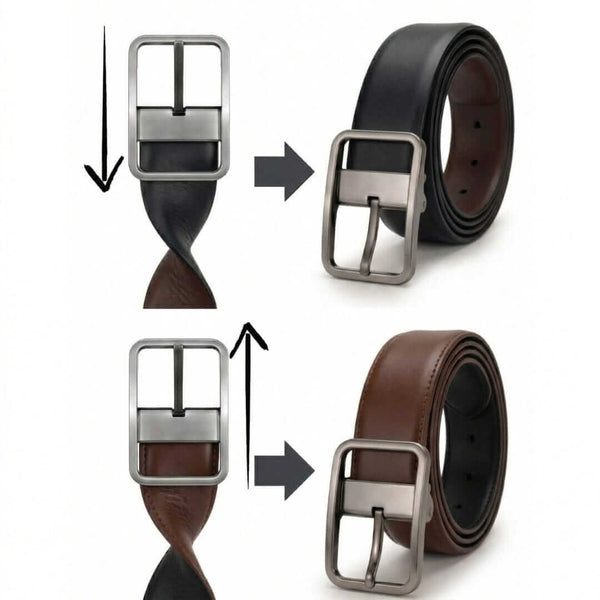 Mens 100% Genuine Leather Belt - PRIMEDUAL Smooth Classic (Black & Brown Reversible)