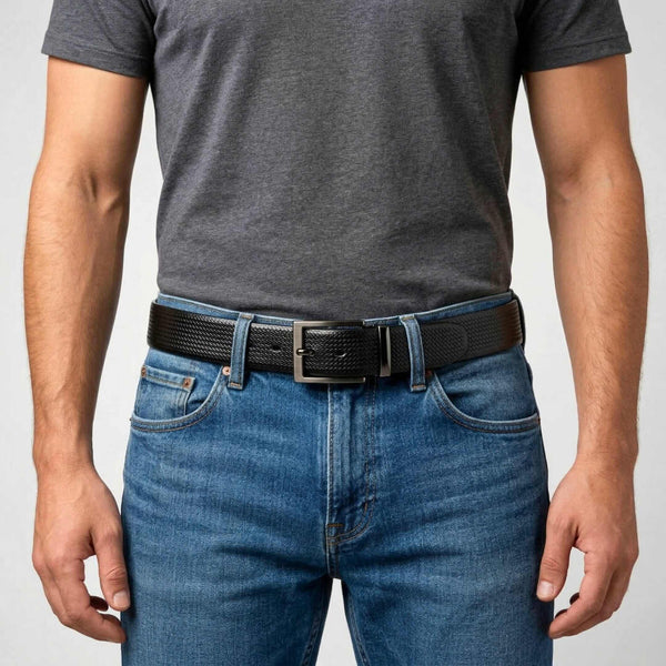 Mens 100% Genuine Leather Belt - RAVENFORCE Lizard Emboss (Black & Brown Reversible)
