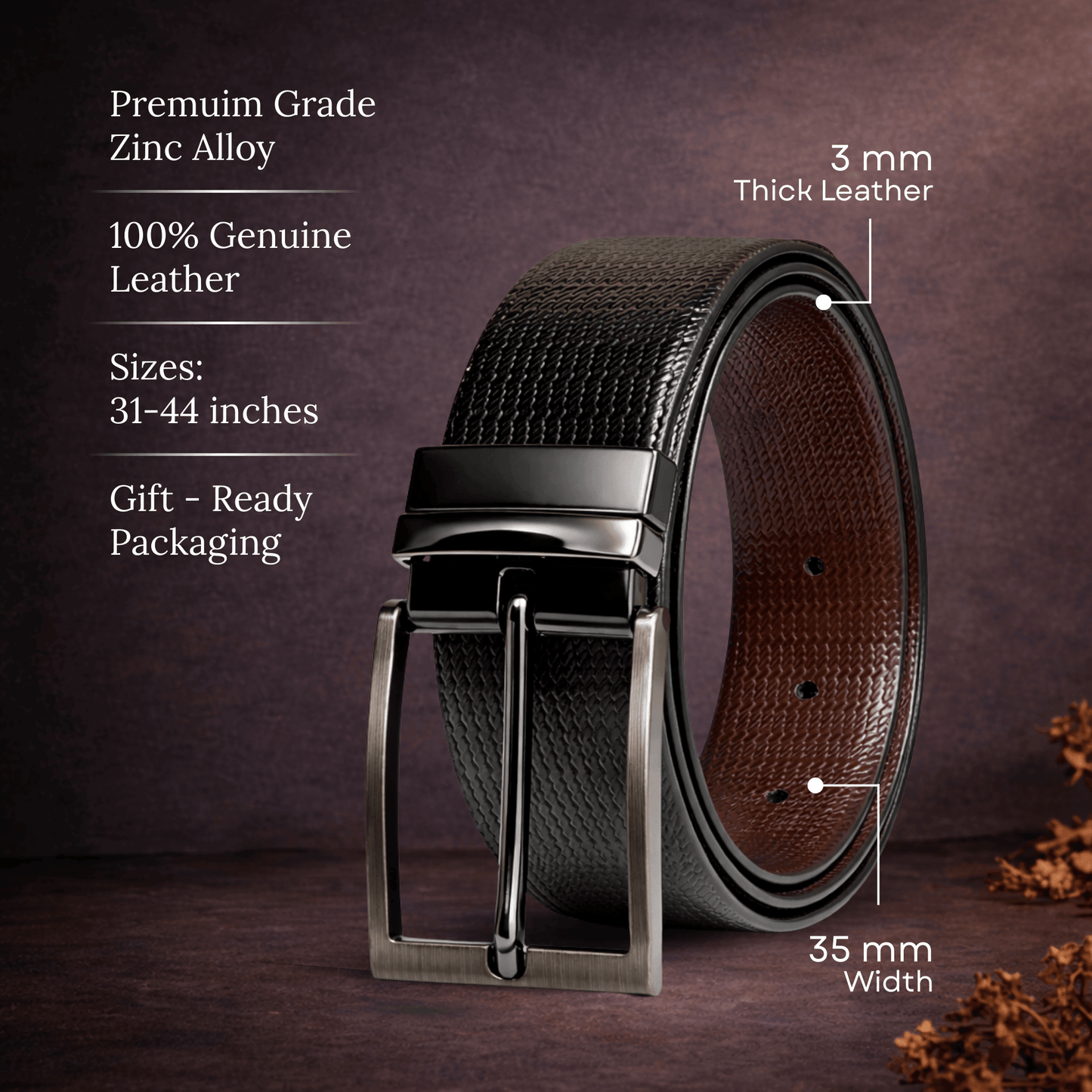 Mens 100% Genuine Leather Belt - RAVENFORCE Lizard Emboss (Black & Brown Reversible) — Leather Belts for Men | THE MEN THING