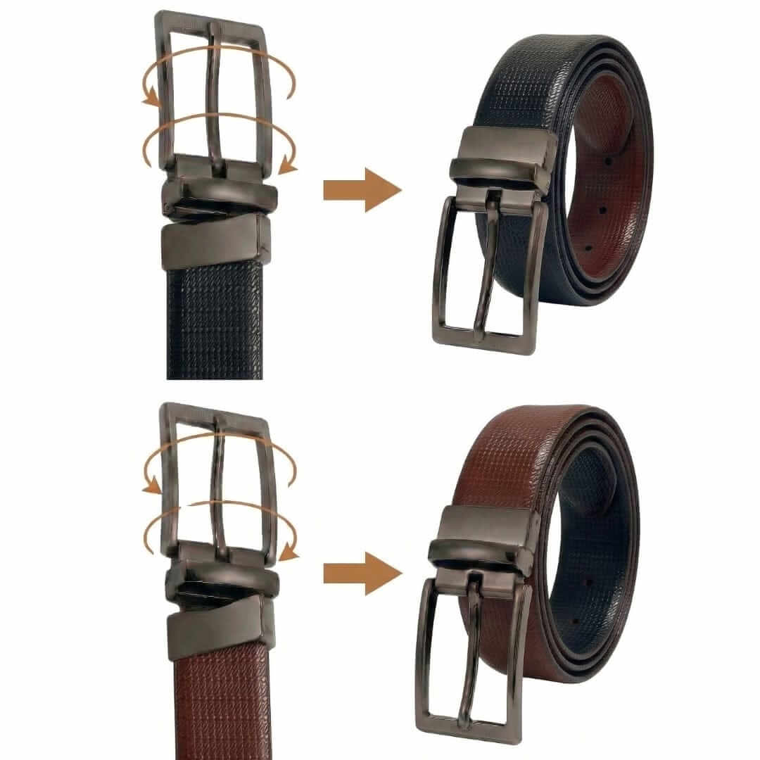 Mens 100% Genuine Leather Belt - RAVENFORCE Lizard Emboss (Black & Brown Reversible) — Leather Belts for Men | THE MEN THING