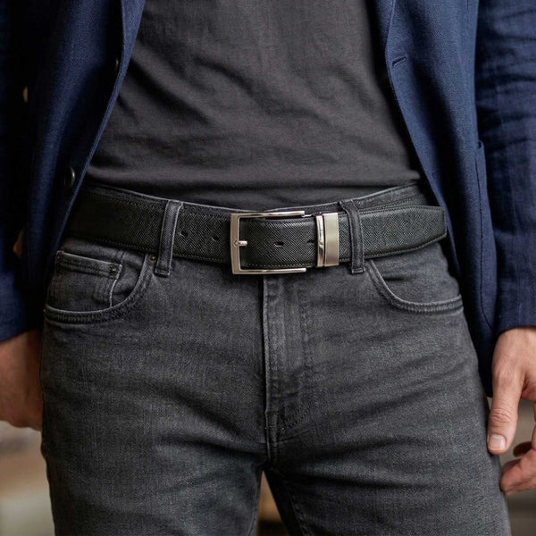 Mens 100% Genuine Leather Belt - REVOLT EDGE Smooth Tan Core (Black & Brown Reversible)