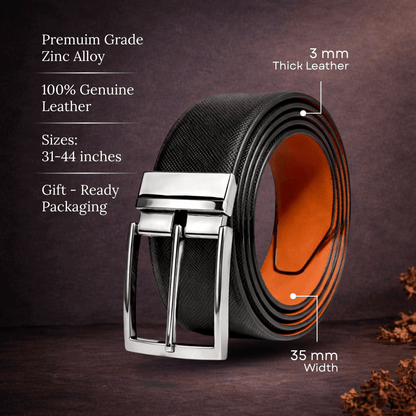 Mens 100% Genuine Leather Belt - REVOLT EDGE Smooth Tan Core (Black & Brown Reversible) — Leather Belts for Men | THE MEN THING