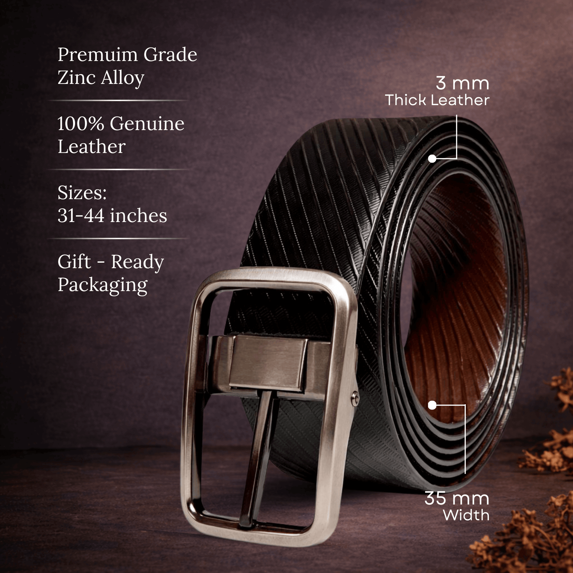 Mens 100% Genuine Leather Belt - STRATA NOIR Diagonal Rib Emboss (Black & Brown Reversible) — Leather Belts for Men | THE MEN THING