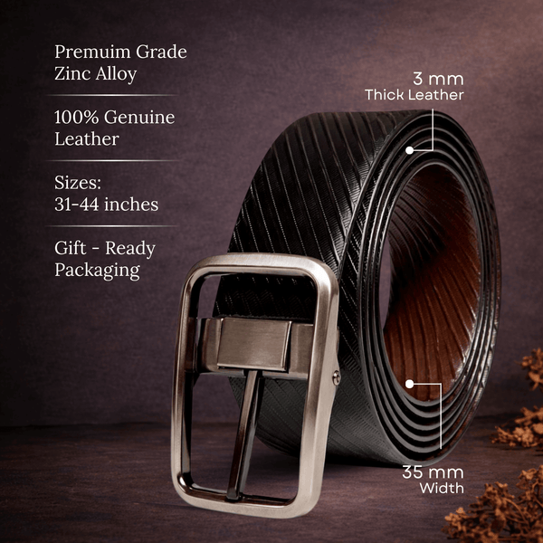 Mens 100% Genuine Leather Belt - STRATA NOIR Diagonal Rib Emboss (Black & Brown Reversible)