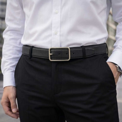 Mens 100% Genuine Leather Belt - STRATA NOIR Diagonal Rib Emboss (Black & Brown Reversible) — Leather Belts for Men | THE MEN THING